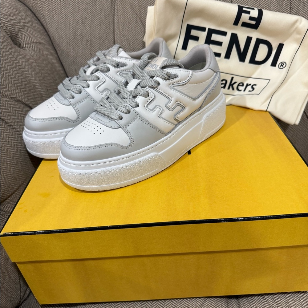 Fendi Match Light Gray and White Leather Sneakers